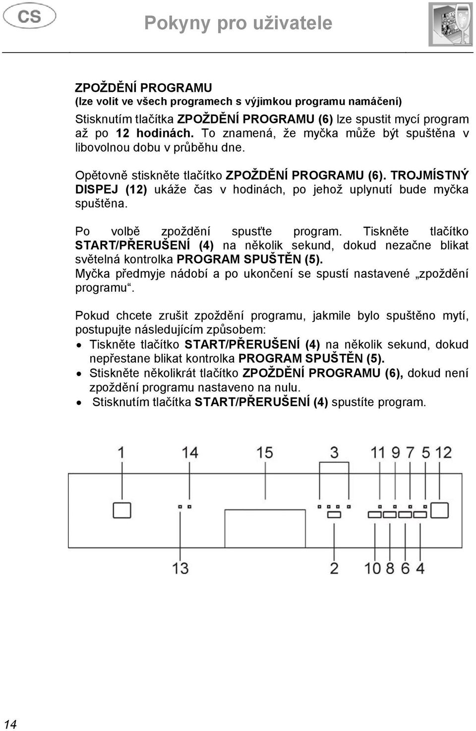 TROJMÍSTNÝ DISPEJ (12) ukáže čas v hodinách, po jehož uplynutí bude myčka spuštěna. Po volbě zpoždění spusťte program.