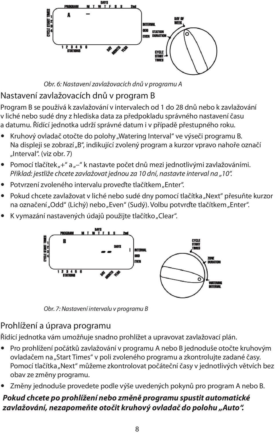 Kruhový ovladač otočte do polohy Watering Interval ve výseči programu B. Na displeji se zobrazí B, indikující zvolený program a kurzor vpravo nahoře označí Interval. (viz obr.