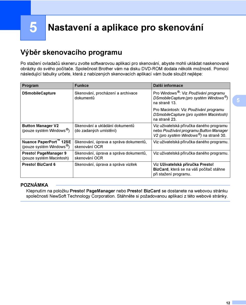 Pomocí následující tabulky určete, která z nabízených skenovacích aplikací vám bude sloužit nejlépe: Program Funkce Další informace DSmobileCapture Button Manager V2 (pouze systém Windows ) Nuance