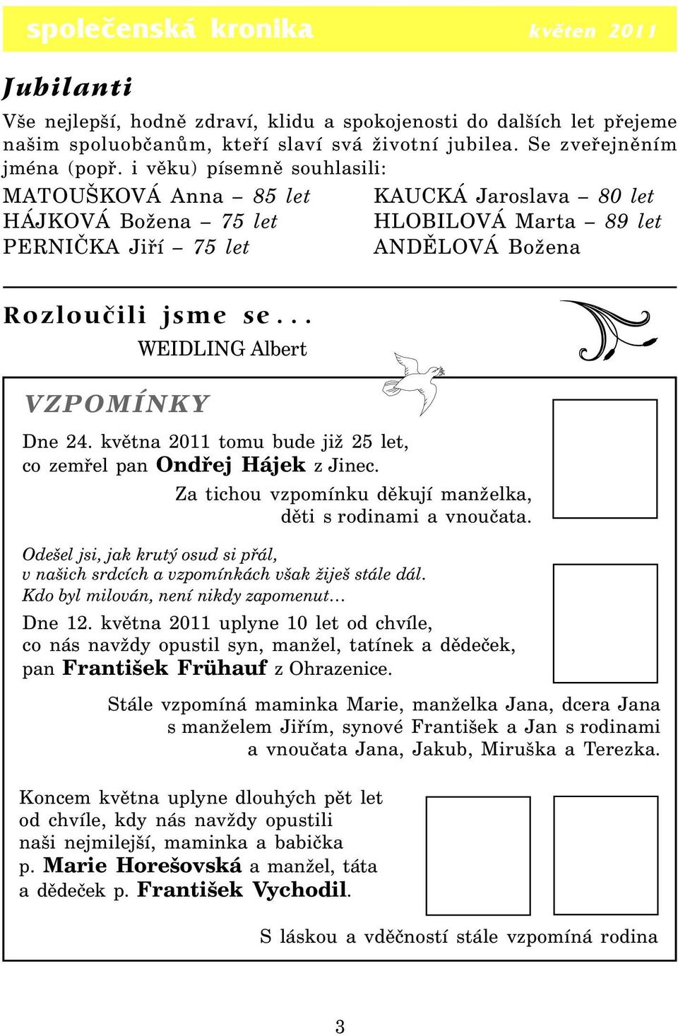 .. VZPOMÍNKY WEIDLING Albert Dne 24. května 2011 tomu bude již 25 let, co zemřel pan Ondřej Hájek z Jinec. Za tichou vzpomínku děkují manželka, děti s rodinami a vnoučata.