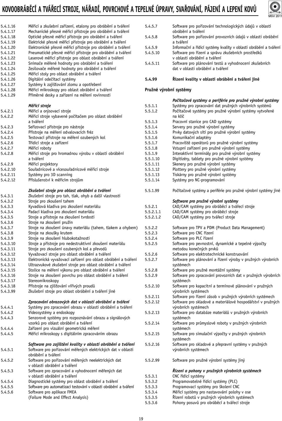 4.1.21 Pneumatické přesné měřicí přístroje pro obrábění a tváření 5.4.1.22 Laserové měřicí přístroje pro oblast obrábění a tváření 5.4.1.23 Snímače měřené hodnoty pro obrábění a tváření 5.4.1.24 Zesilovače měřené hodnoty pro obrábění a tváření 5.