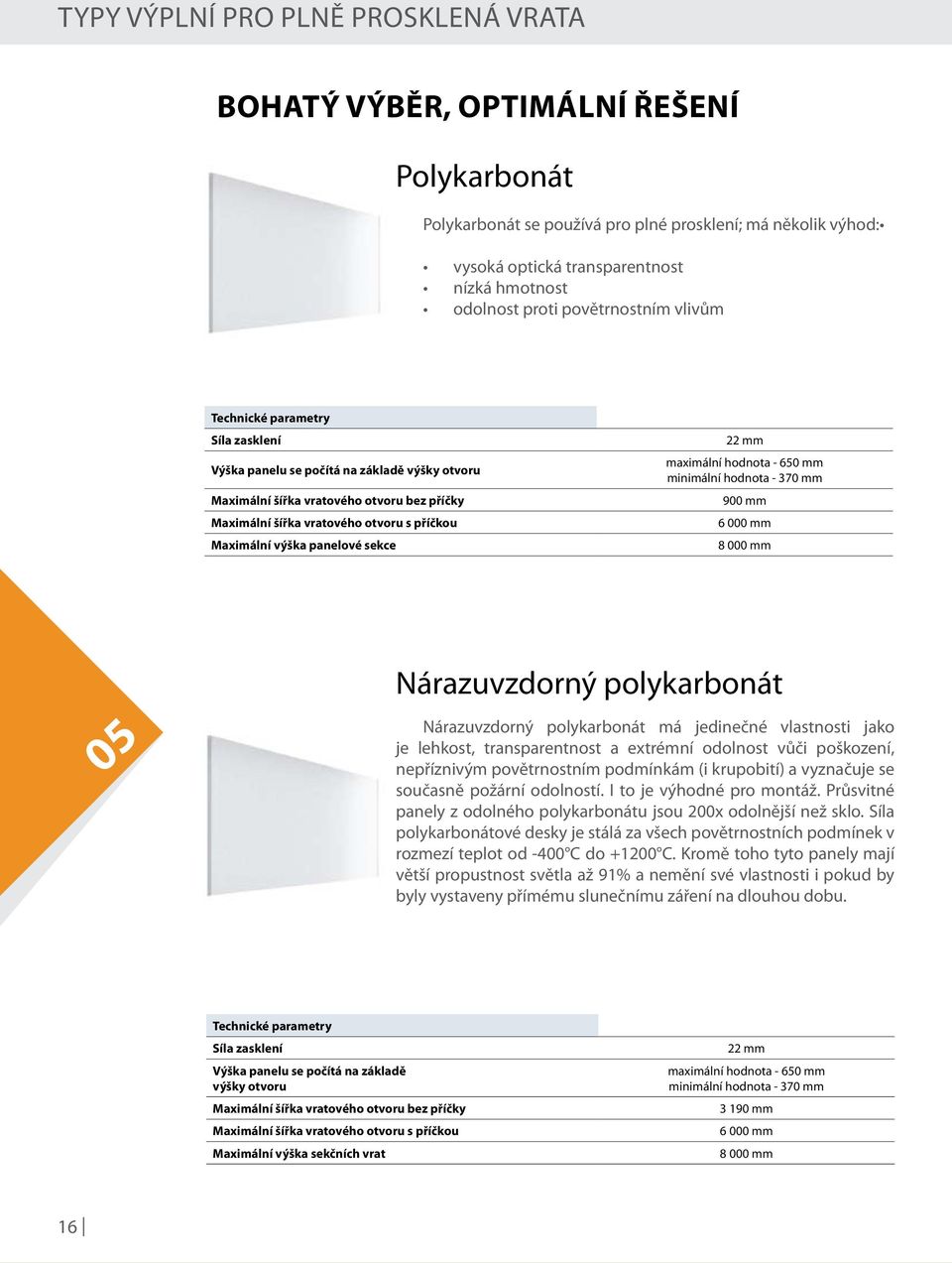 Maximální výška panelové sekce 22 mm maximální hodnota - 650 mm minimální hodnota - 370 mm 900 mm 6 000 mm 8 000 mm Nárazuvzdorný polykarbonát 05 Nárazuvzdorný polykarbonát má jedinečné vlastnosti