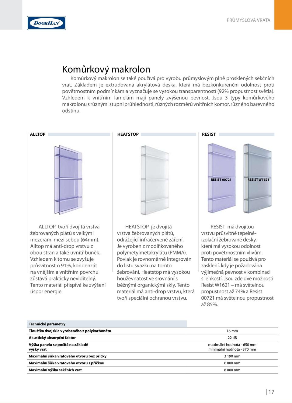 Vzhledem k vnitřním lamelám mají panely zvýšenou pevnost. Jsou 3 typy komůrkového makrolonu s různými stupni průhlednosti, různých rozměrů vnitřních komor, různého barevného odstínu.