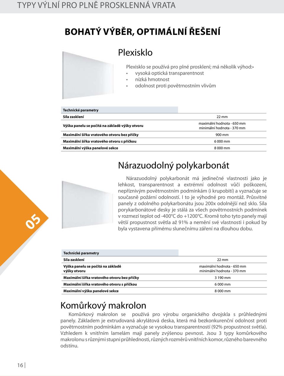 výška panelové sekce 22 mm maximální hodnota - 650 mm minimální hodnota - 370 mm 900 mm 6 000 mm 8 000 mm Nárazuodolný polykarbonát 05 Nárazuodolný polykarbonát má jedinečné vlastnosti jako je