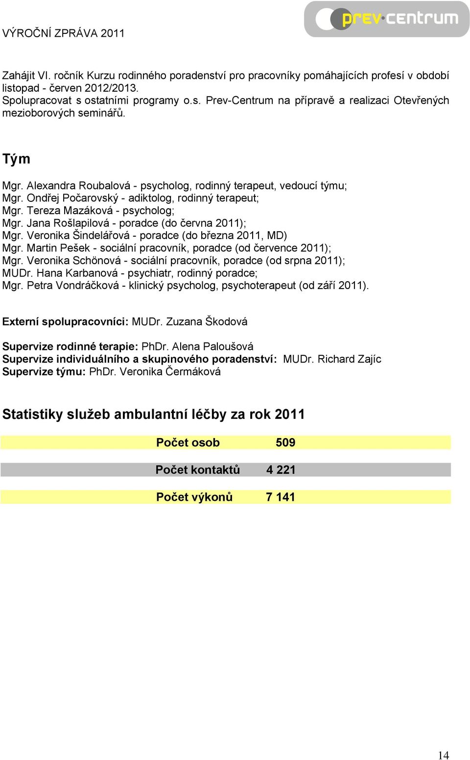 Jana Rošlapilová - poradce (do června 2011); Mgr. Veronika Šindelářová - poradce (do března 2011, MD) Mgr. Martin Pešek - sociální pracovník, poradce (od července 2011); Mgr.