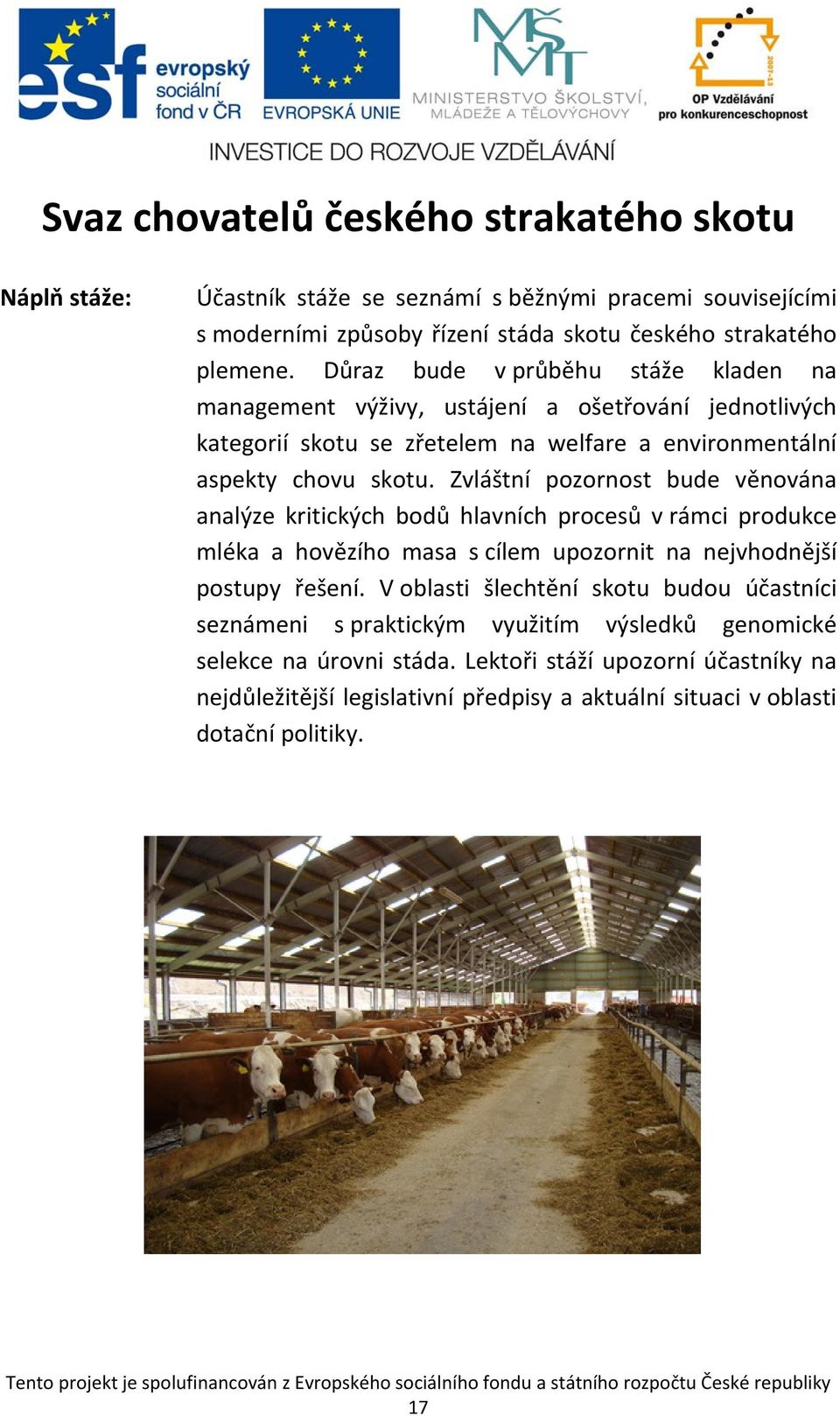 Zvláštní pozornost bude věnována analýze kritických bodů hlavních procesů v rámci produkce mléka a hovězího masa s cílem upozornit na nejvhodnější postupy řešení.