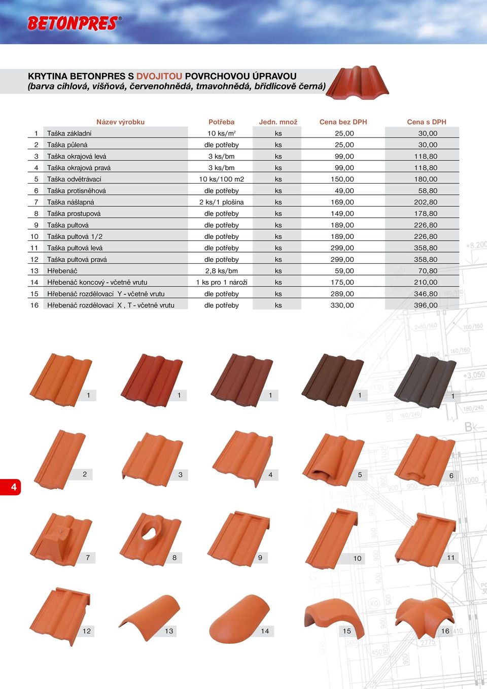 118,80 5 Taška odvětrávací 10 ks/100 m2 ks 150,00 180,00 6 Taška protisněhová dle potřeby ks 49,00 58,80 7 Taška nášlapná 2 ks/1 plošina ks 169,00 202,80 8 Taška prostupová dle potřeby ks 149,00