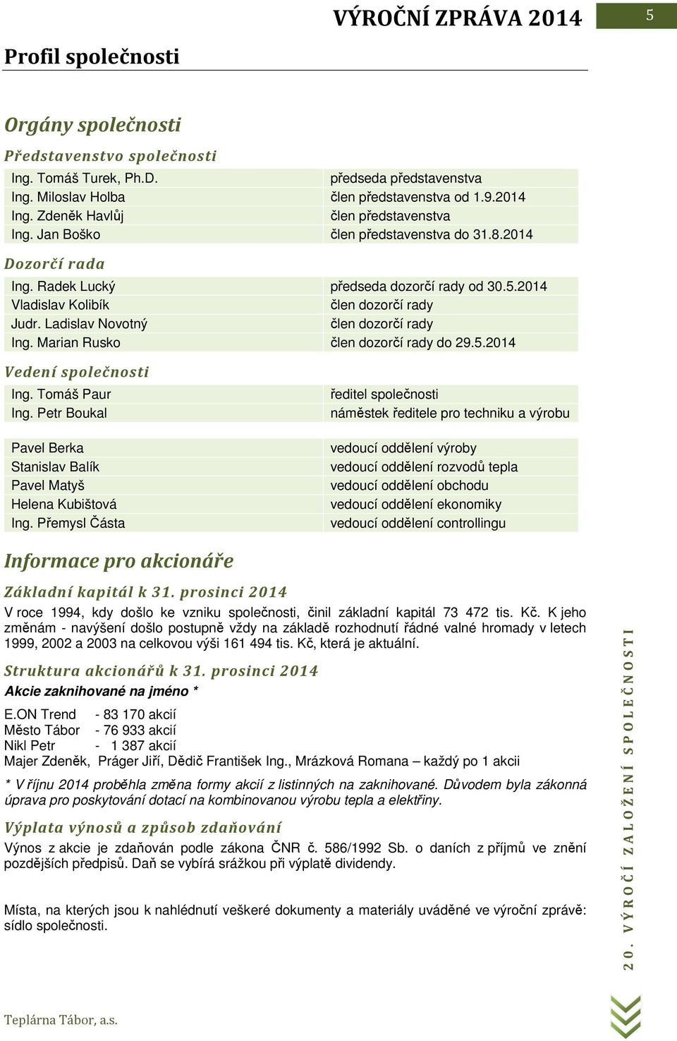 Ladislav Novotný člen dozorčí rady Ing. Marian Rusko člen dozorčí rady do 29.5.2014 Vedení společnosti Ing. Tomáš Paur Ing. Petr Boukal Pavel Berka Stanislav Balík Pavel Matyš Helena Kubištová Ing.