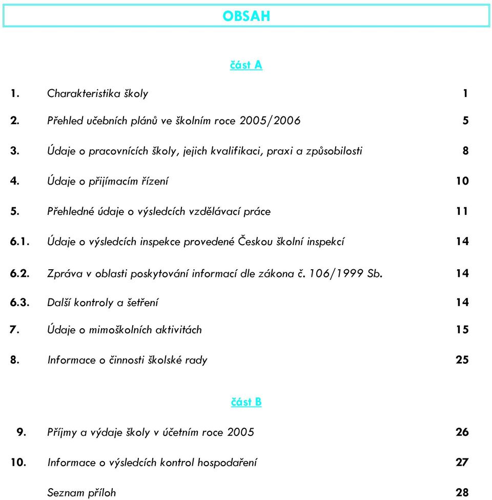 1. Údaje o výsledcích inspekce provedené Českou školní inspekcí 14 6.2. Zpráva v oblasti poskytování informací dle zákona č. 106/1999 Sb. 14 6.3.