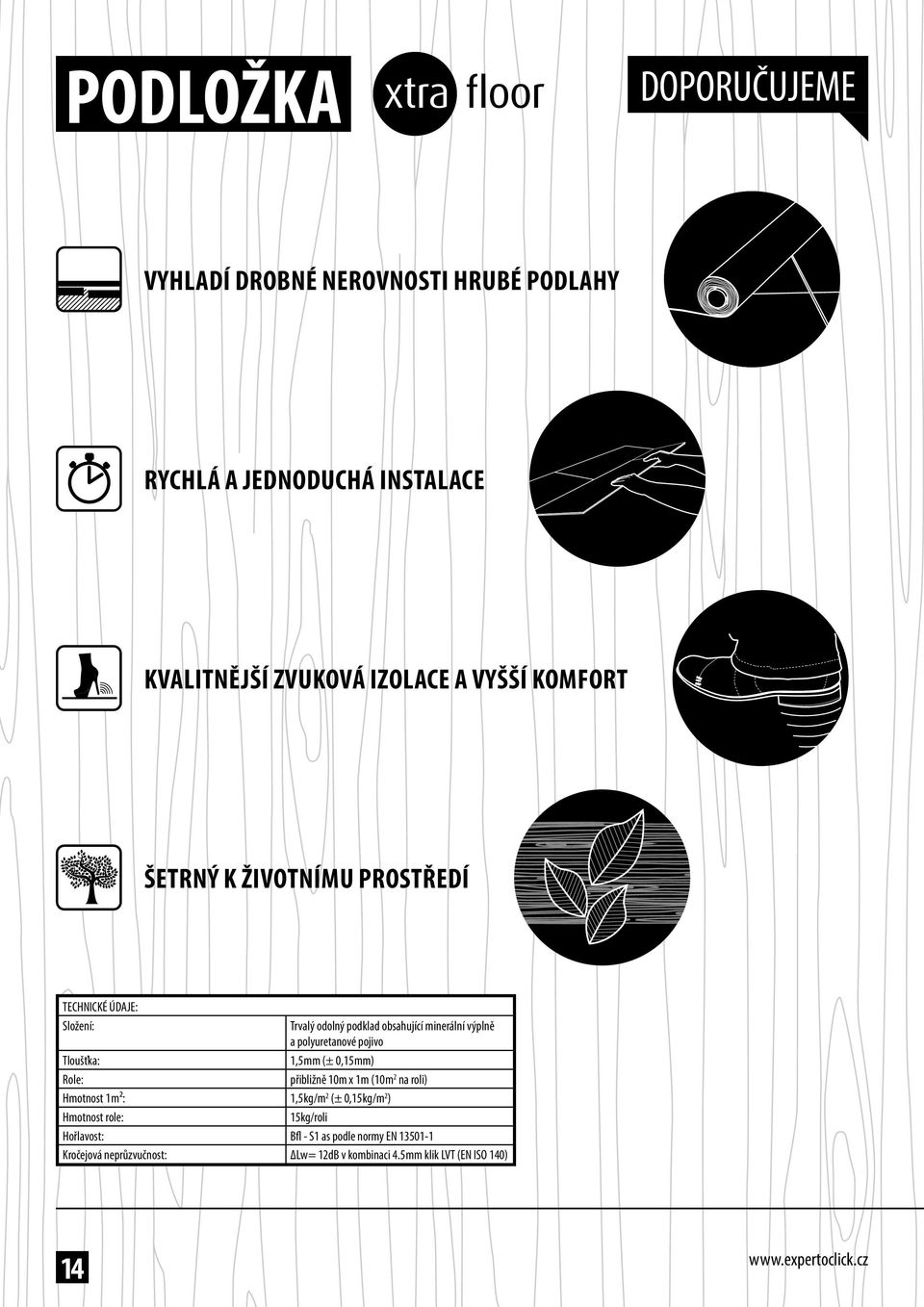 pojivo 1,5 mm (± 0,15 mm) přibližně 10m x 1m (10 m 2 na roli) Hmotnost 1 m²: 1,5 kg/m 2 (± 0,15 kg/m 2 ) Hmotnost role: 15kg/roli