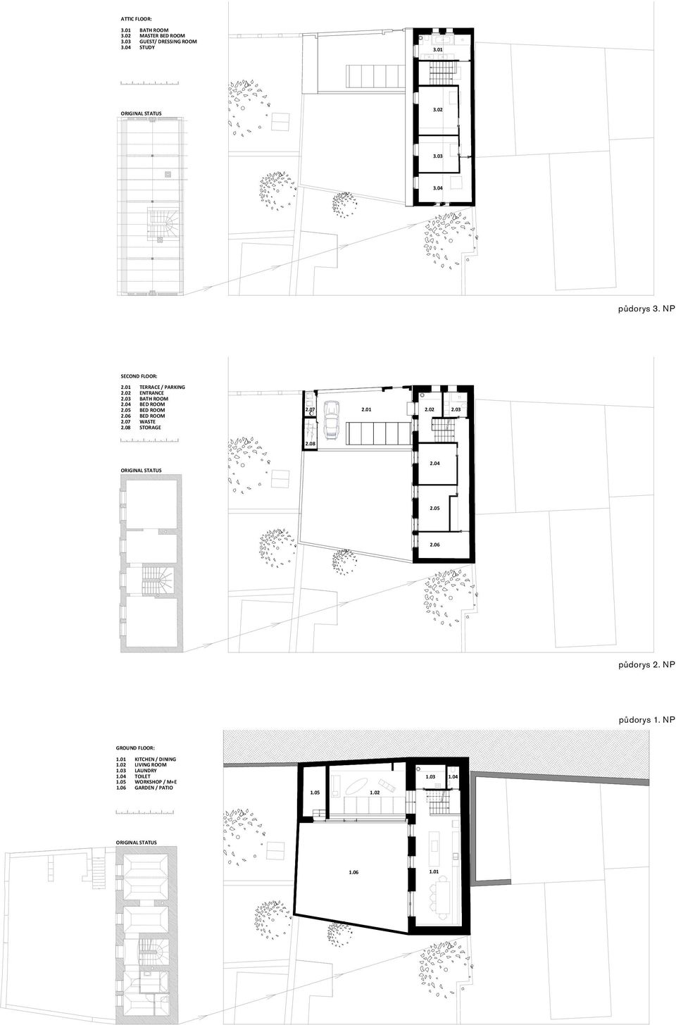 03 BATH ROOM 2.04 BED ROOM 2.05 2.06 2.07 BED ROOM BED ROOM WASTE 2.08 STORAGE 2.07 2.01 2.02 2.03 2.08 ORIGINAL STATUS 2.04 2.05 2.06 NAD TEJNKOU 6 HOUSE EXTENSION & REFURBISHMENT WITHIN A CONSERVATION AREA půdorys 2.