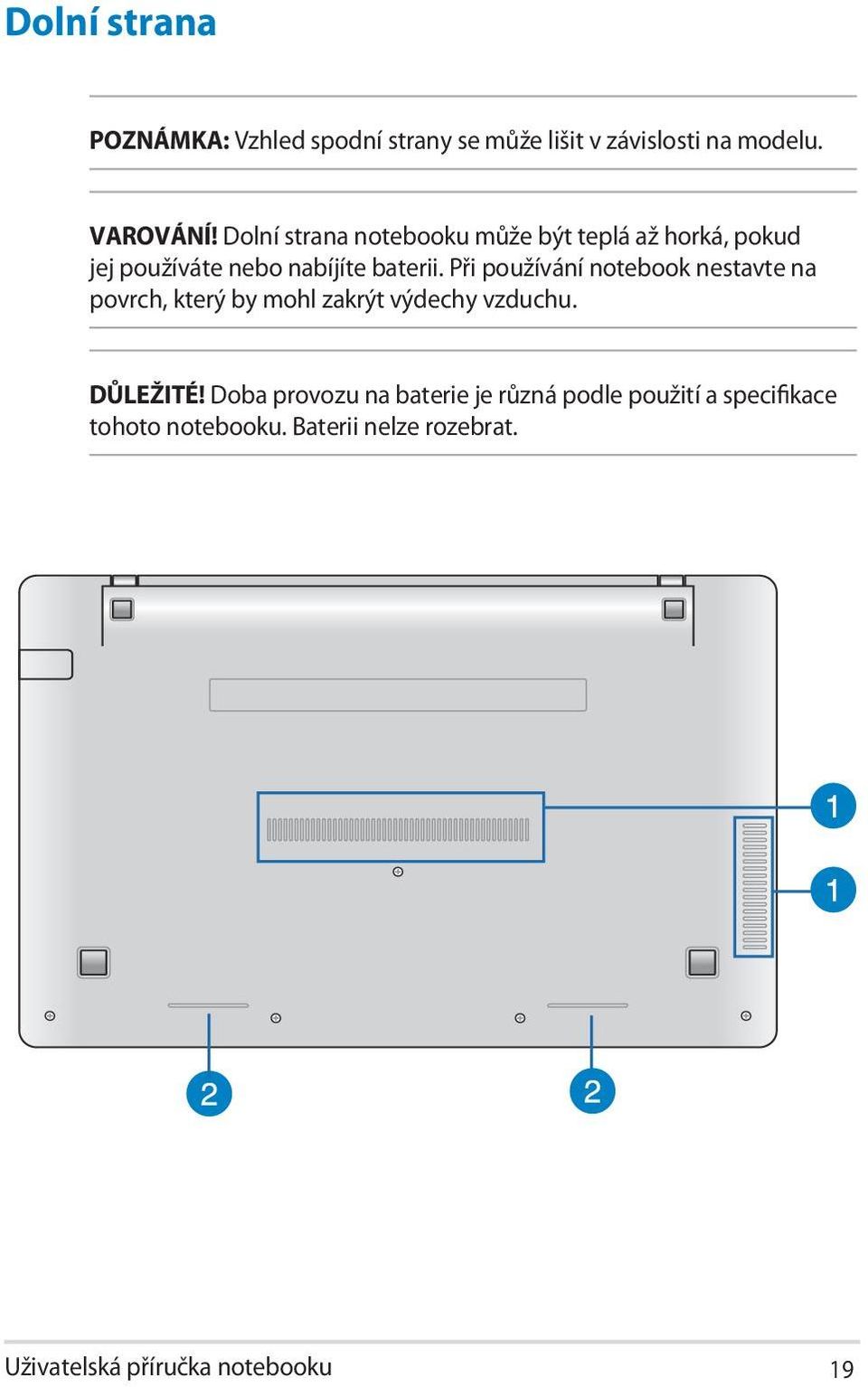 Při používání notebook nestavte na povrch, který by mohl zakrýt výdechy vzduchu. DŮLEŽITÉ!