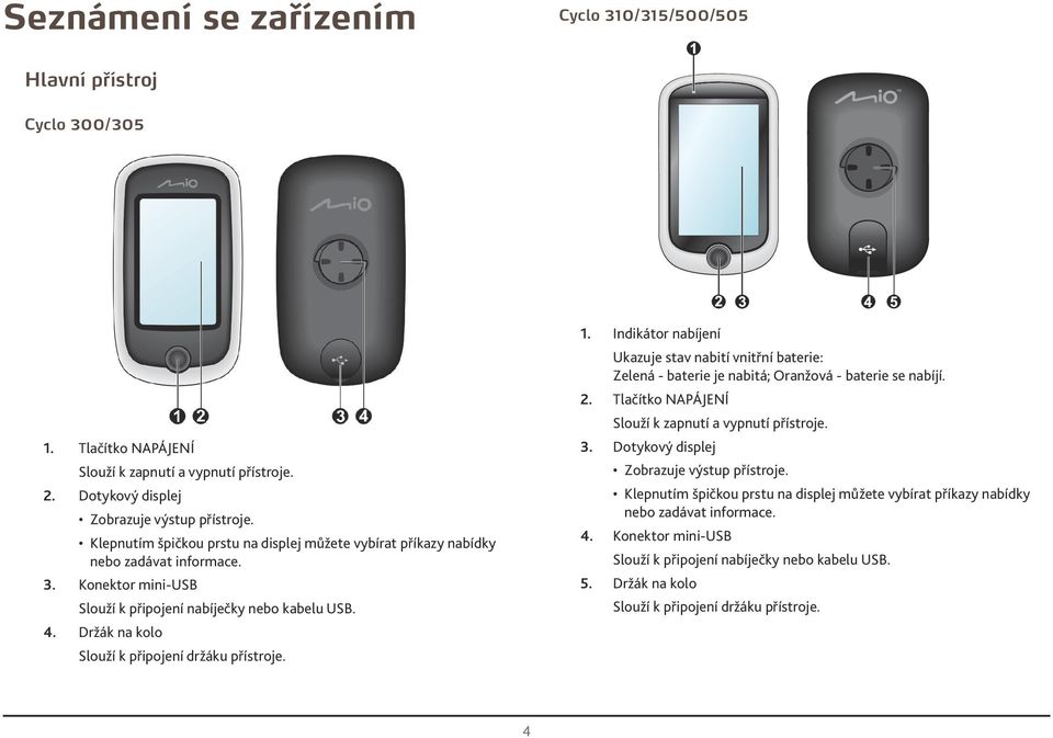 Držák na kolo Slouží k připojení držáku přístroje. 1. Indikátor nabíjení Ukazuje stav nabití vnitřní baterie: Zelená - baterie je nabitá; Oranžová - baterie se nabíjí. 2.