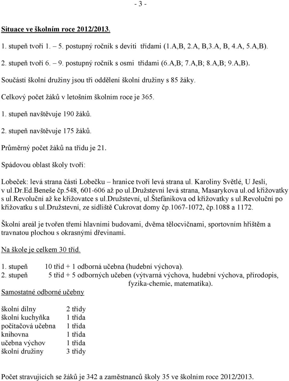 Průměrný počet žáků na třídu je 21. Spádovou oblast školy tvoří: Lobeček: levá strana části Lobečku hranice tvoří levá strana ul. Karoliny Světlé, U Jeslí, v ul.dr.ed.beneše čp.548, 601-606 až po ul.