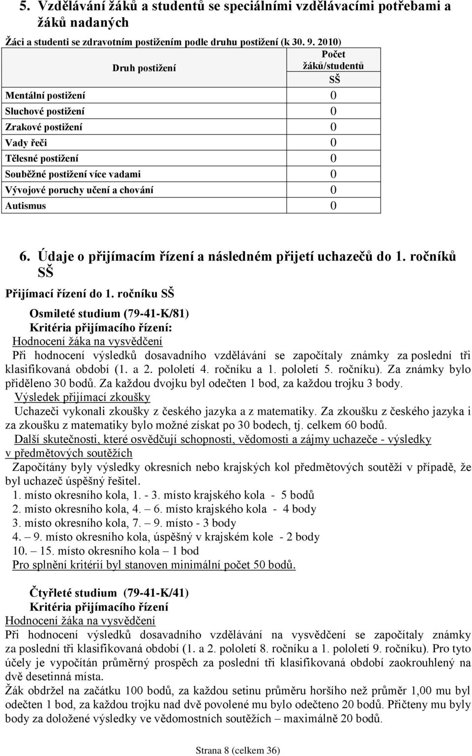 chování 0 Autismus 0 6. Údaje o přijímacím řízení a následném přijetí uchazečů do 1. ročníků SŠ Přijímací řízení do 1.