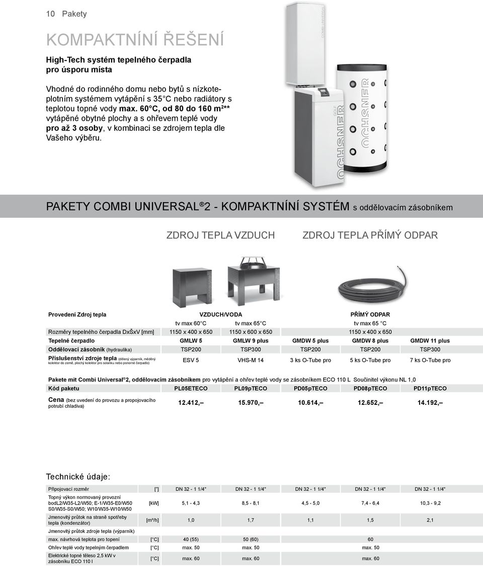 PaketY Combi Universal 2 - Kompaktníní systém s oddělovacím zásobníkem Zdroj tepla vzduch Zdroj tepla přímý odpar Provedení Zdroj tepla Vzduch/voda Přímý odpar tv max 60 C tv max 65 C tv max 65 C