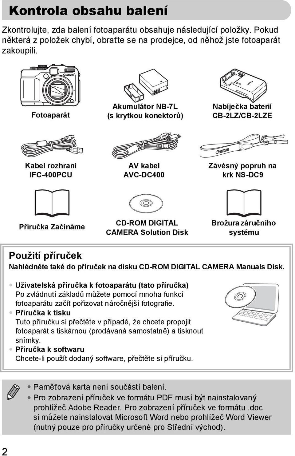 Solution Disk Brožura záručního systému Použití příruček Nahlédněte také do příruček na disku CD-ROM DIGITAL CAMERA Manuals Disk.