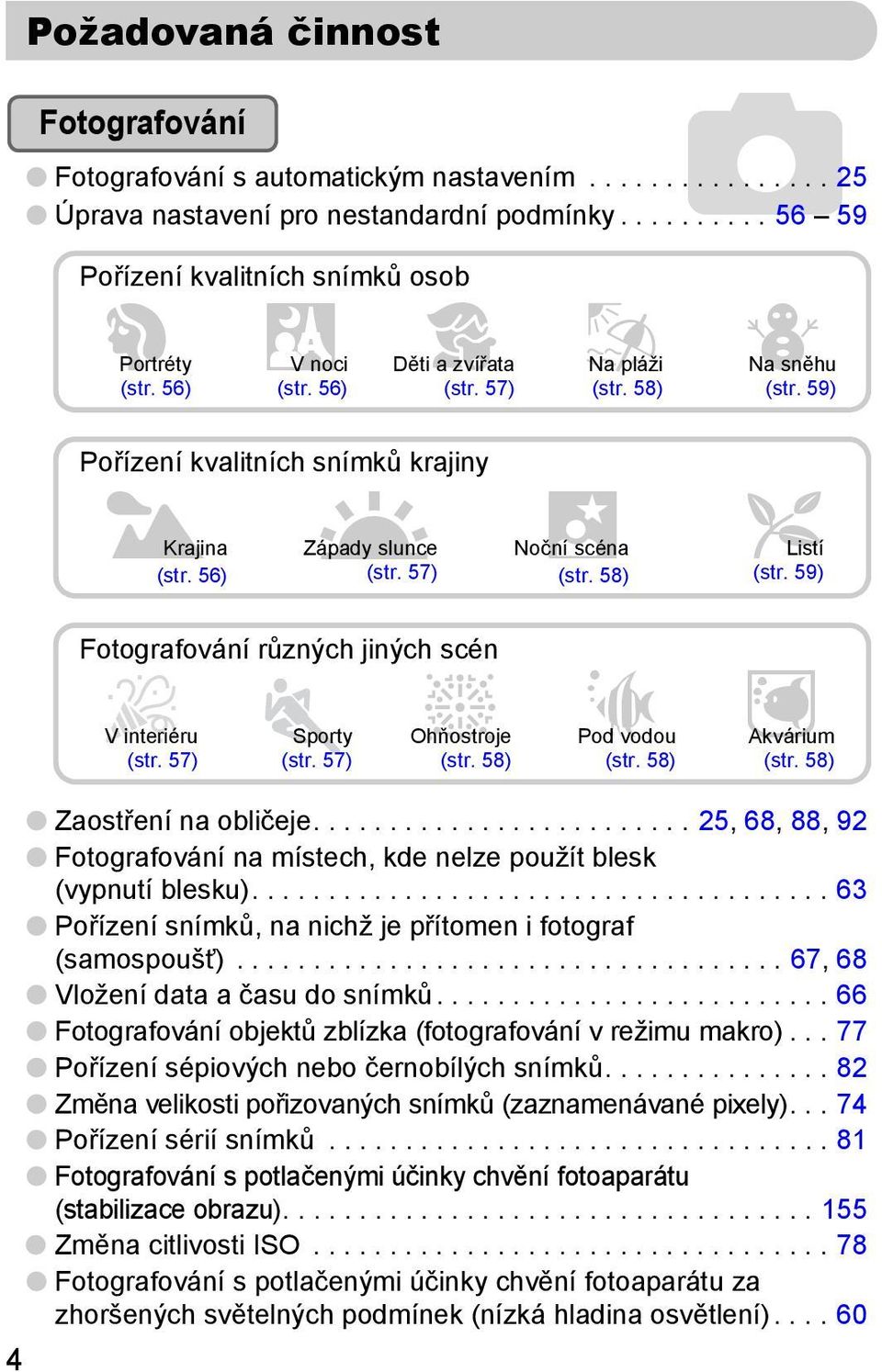 59) Fotografování různých jiných scén t V interiéru Sporty Ohňostroje (str. 57) (str. 57) (str. 58) S Pod vodou (str. 58) y Akvárium (str. 58) 4 Zaostření na obličeje.