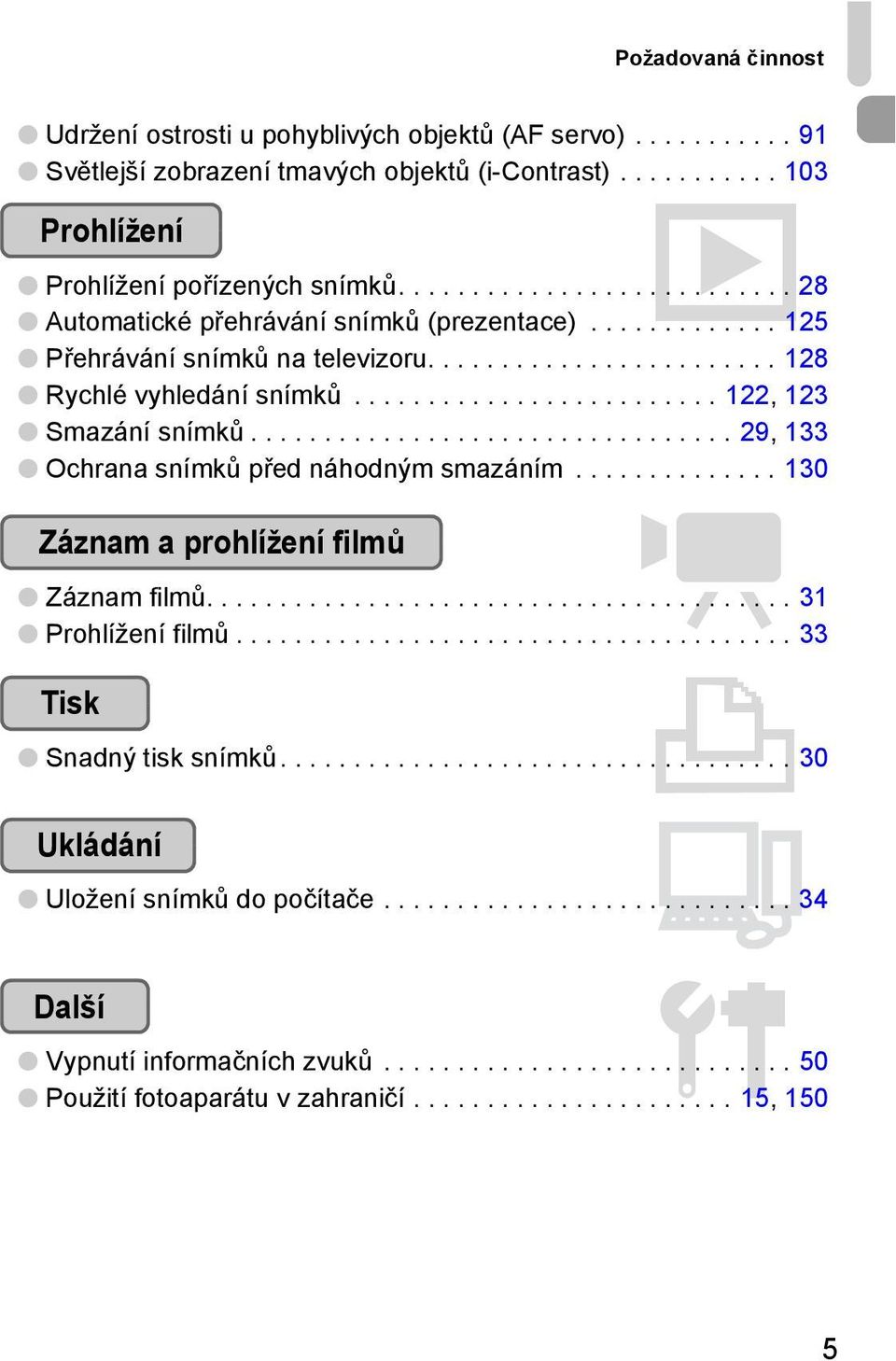 ................................ 29, 133 Ochrana snímků před náhodným smazáním.............. 130 Záznam a prohlížení filmů E Záznam filmů........................................ 31 Prohlížení filmů.