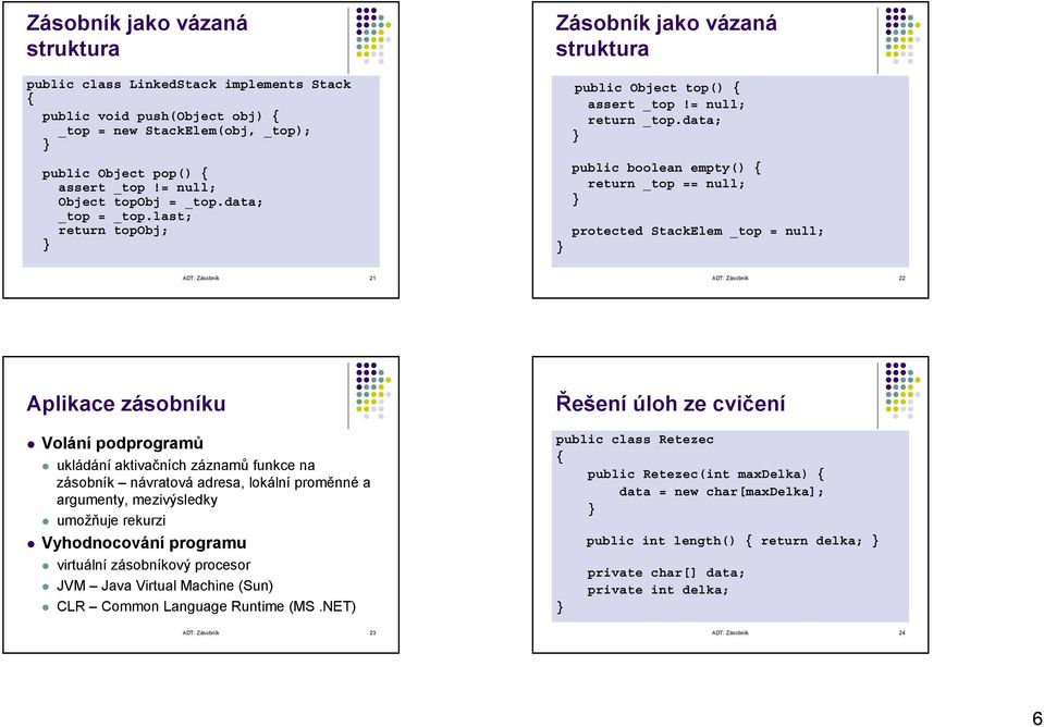 data; public boolean empty() return _top == null; protected StackElem _top = null; ADT: Zásobník 21 ADT: Zásobník 22 Aplikace zásobníku Volání podprogramů ukládání aktivačních záznamů funkce na