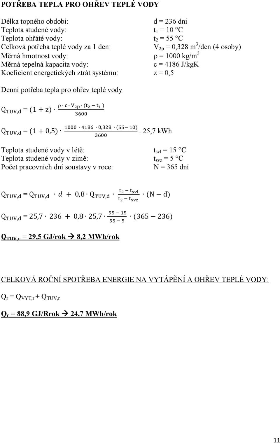 Denní potřeba tepla pro ohřev teplé vody = = Teplota studené vody v létě: Teplota studené vody v zimě: Počet pracovních dní soustavy v roce: = 25,7 kwh tsvl = 15 C