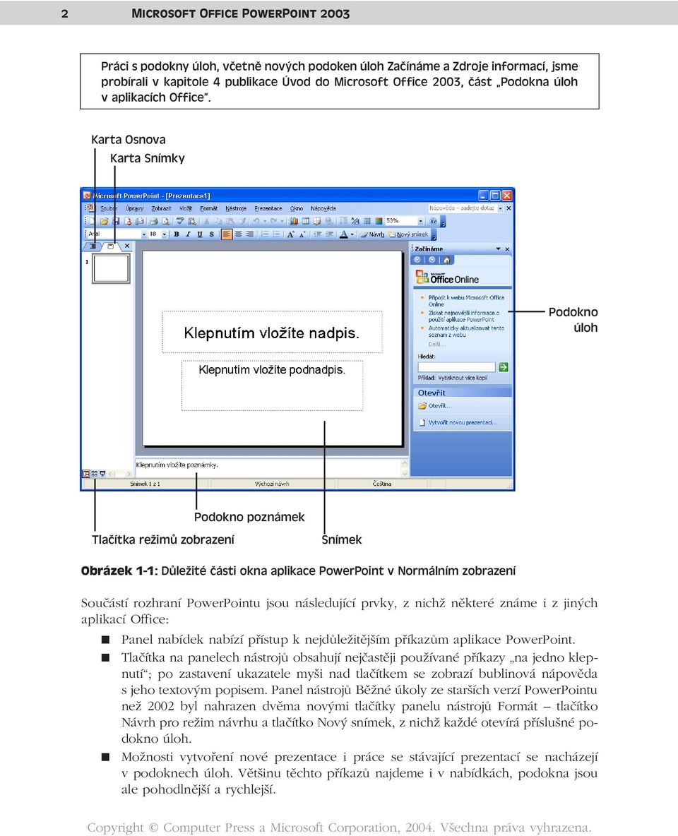 Karta Osnova Karta Snímky Podokno úloh Tlačítka režimů zobrazení Podokno poznámek Snímek Obrázek 1-1: Důležité části okna aplikace PowerPoint v Normálním zobrazení Součástí rozhraní PowerPointu jsou