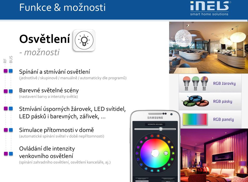 LED svítidel, LED pásků i brevných, zářivek, Simulce přítomnosti v domě (utomtické spínání světel v době