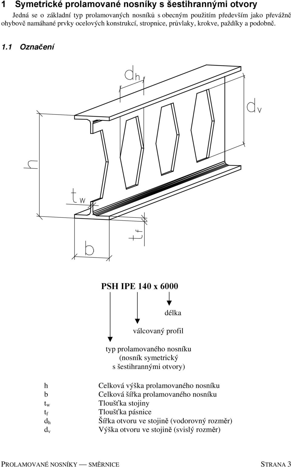 1 Označení PSH IPE 140 x 6000 délka válcovaný profil typ prolamovaného nosníku (nosník symetrický s šestihrannými otvory) h b t w t f d h d v Celková