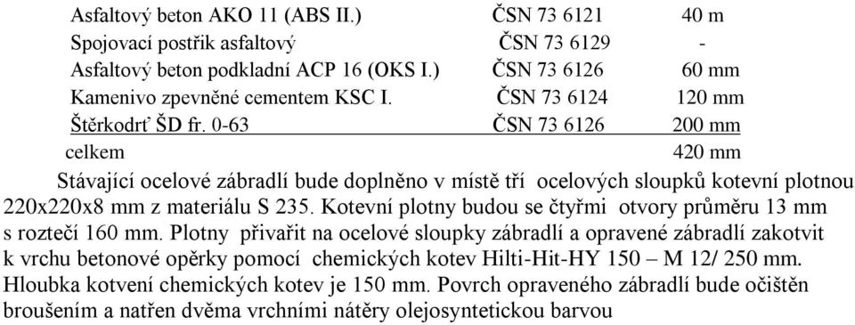 0-63 ČSN 73 6126 200 mm celkem 420 mm Stávající ocelové zábradlí bude doplněno v místě tří ocelových sloupků kotevní plotnou 220x220x8 mm z materiálu S 235.