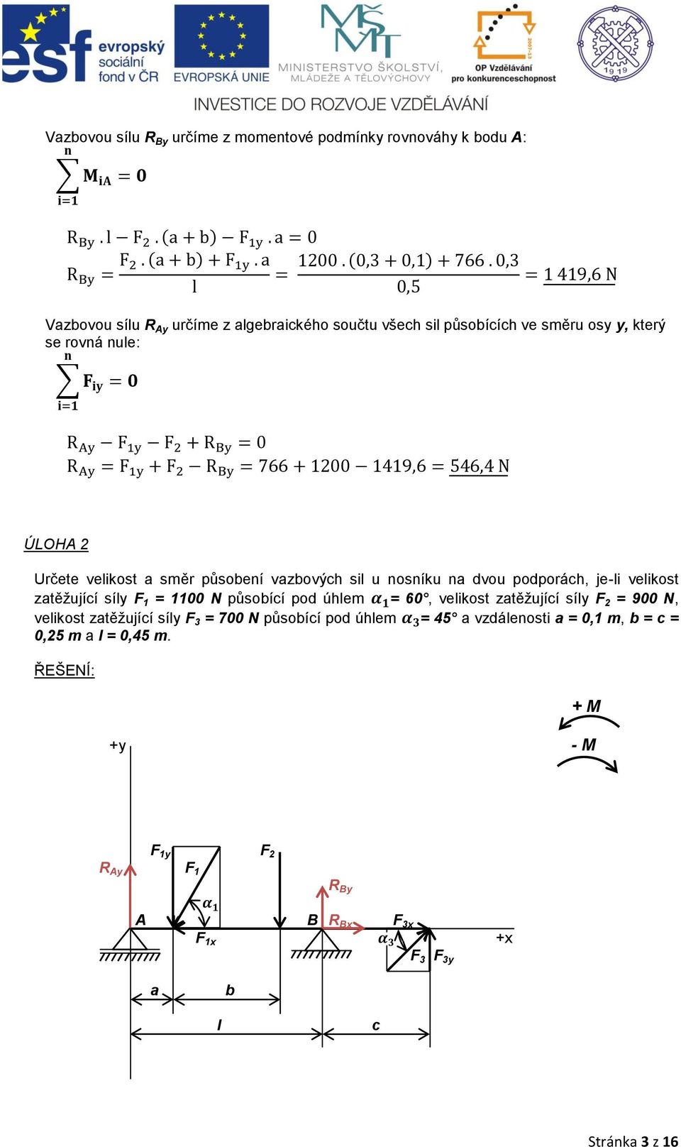 síly F 1 = 1100 N působící pod úhlem = 60, velikost zatěţující síly F 2 = 900 N, velikost zatěţující síly F 3 = 700 N působící pod úhlem = 45