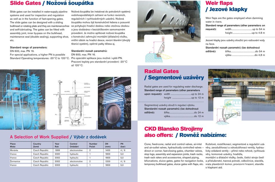 The gates can be fitted with assembly joint, inner by-pass on the bulkhead, maintenance seal (double sealing), supporting shoe, etc. Standard range of parameters: DN 600, max. PN 16.