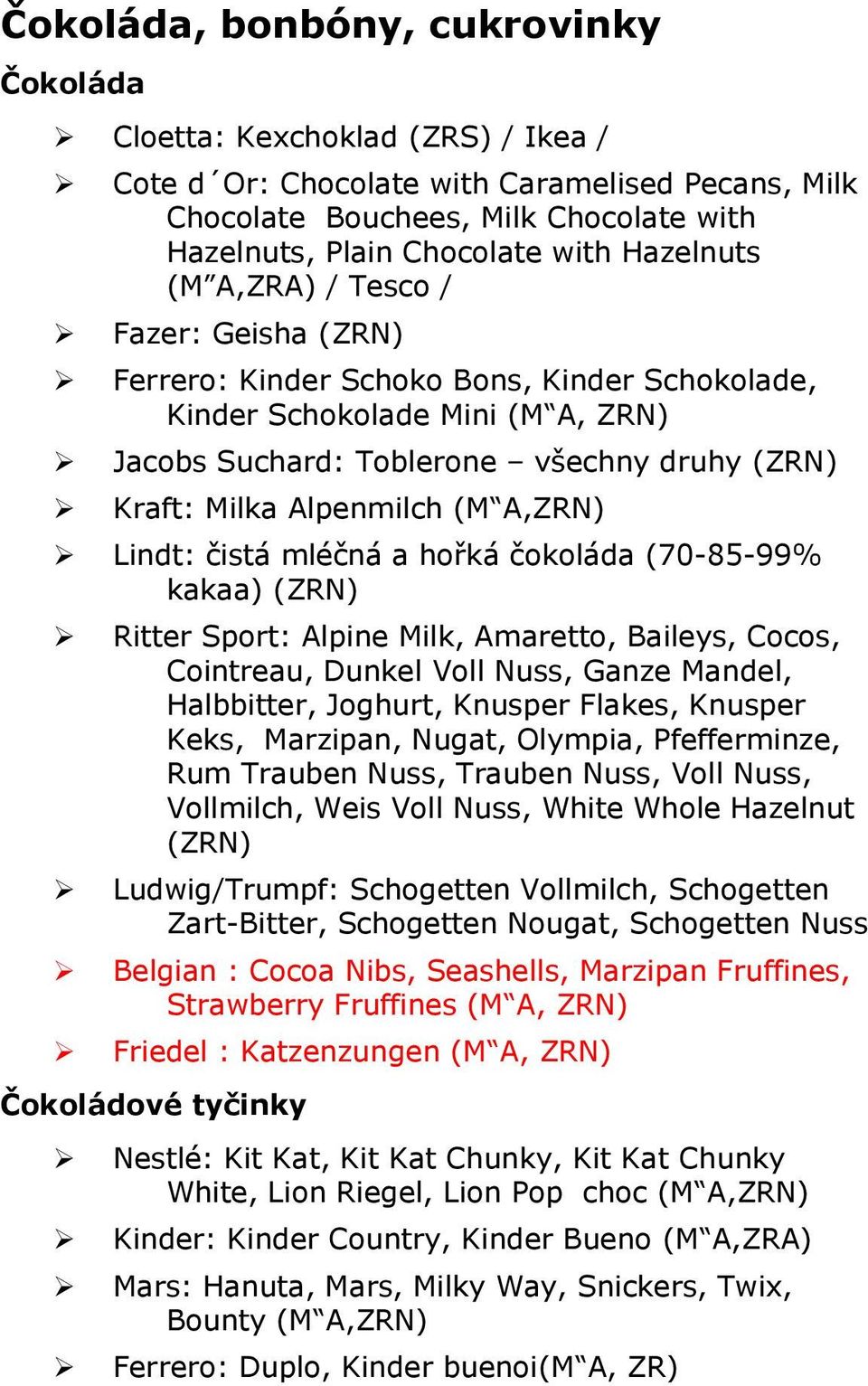 a hřká čkláda (70-85-99% kakaa) (ZRN) Ritter Sprt: Alpine Milk, Amarett, Baileys, Ccs, Cintreau, Dunkel Vll Nuss, Ganze Mandel, Halbbitter, Jghurt, Knusper Flakes, Knusper Keks, Marzipan, Nugat,