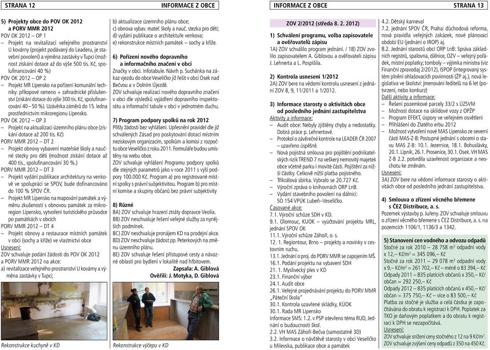 Kč, spolufinancování 40 %) POV OK 2012 OP 2 Projekt MR Lipensko na pořízení komunální techniky: příkopové rameno + zahradnické příslušenství (získání dotace do výše 300 tis.