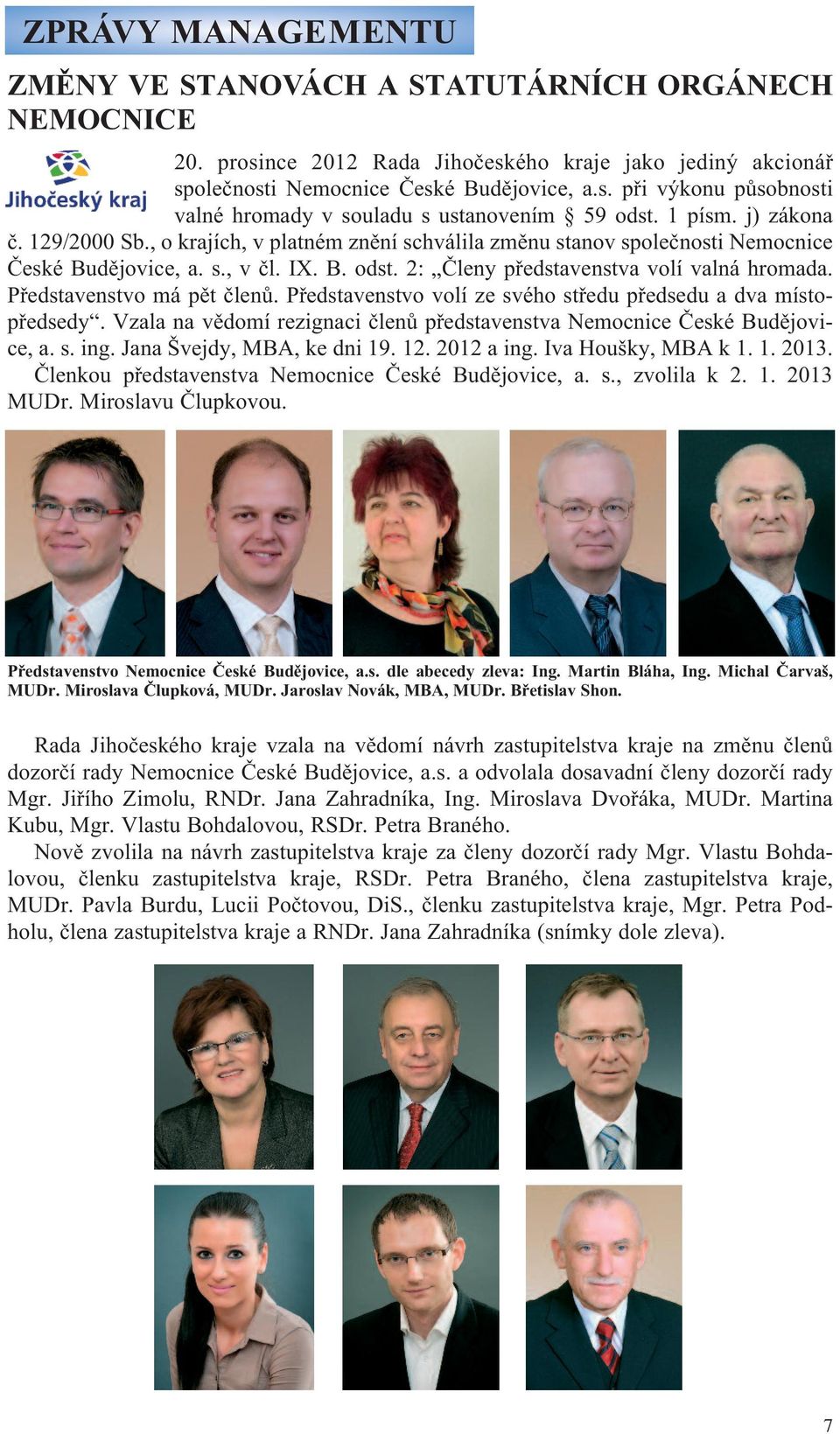 Představenstvo má pět členů. Představenstvo volí ze svého středu předsedu a dva místopředsedy. Vzala na vědomí rezignaci členů představenstva Nemocnice České Budějovice, a. s. ing.
