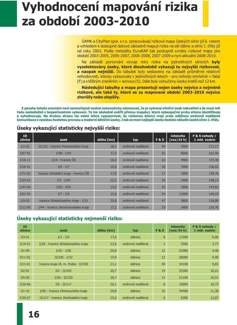 Podle metodiky EuroRAP tak postupně vznikly rizikové mapy pro období 2003-2005, 2005-2007, 2006-2008, 2007-2009 a nyní aktuální 2008-2010.