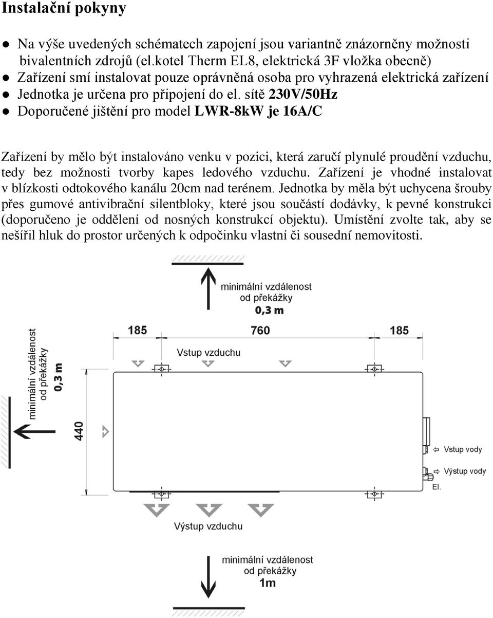 sítě 230V/50Hz Doporučené jištění pro model LWR-8kW je 16A/C Zařízení by mělo být instalováno venku v pozici, která zaručí plynulé proudění vzduchu, tedy bez možnosti tvorby kapes ledového vzduchu.