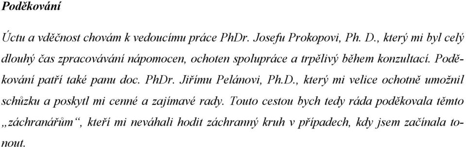 Poděkování patří také panu doc. PhDr. Jiřímu Pelánovi, Ph.D., který mi velice ochotně umožnil schůzku a poskytl mi cenné a zajímavé rady.