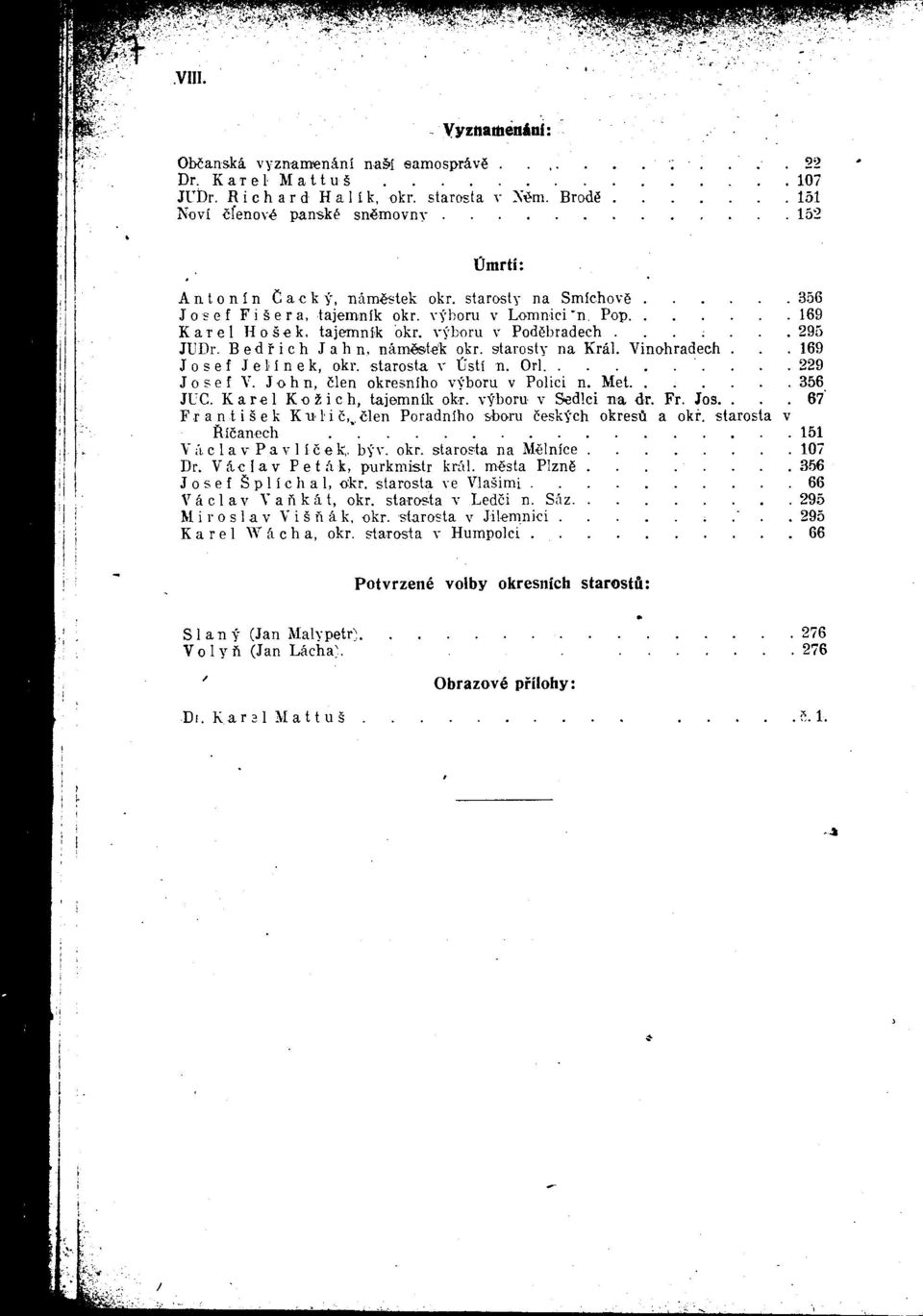 vyboru v PodCbradech... :... 295 JUDr. Bedfich Jahn, namfetek okr. starosty na Krai. Vinohradech... 169 Josef Jellnek, okr. starosta v CstI n. Orl 229 Josef V. John, Clen okresnlho vyboru v Polici n.