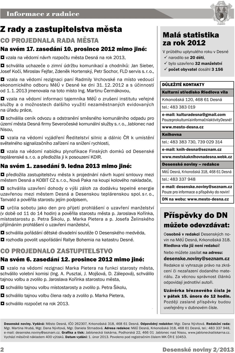 Petr Sochor, FLD servis s. r. o., vzala na vědomí rezignaci paní Radmily Vrchovské na místo vedoucí ekonomického odboru MěÚ v Desné ke dni 31. 12. 2012 a s účinností od 1. 1. 2013 jmenovala na toto místo Ing.