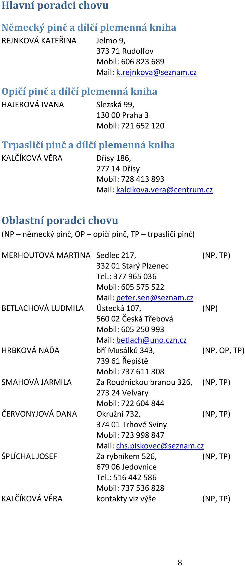 kalcikova.vera@centrum.cz Oblastní poradci chovu (NP německý pinč, OP opičí pinč, TP trpasličí pinč) MERHOUTOVÁ MARTINA Sedlec 217, (NP, TP) 332 01 Starý Plzenec Tel.