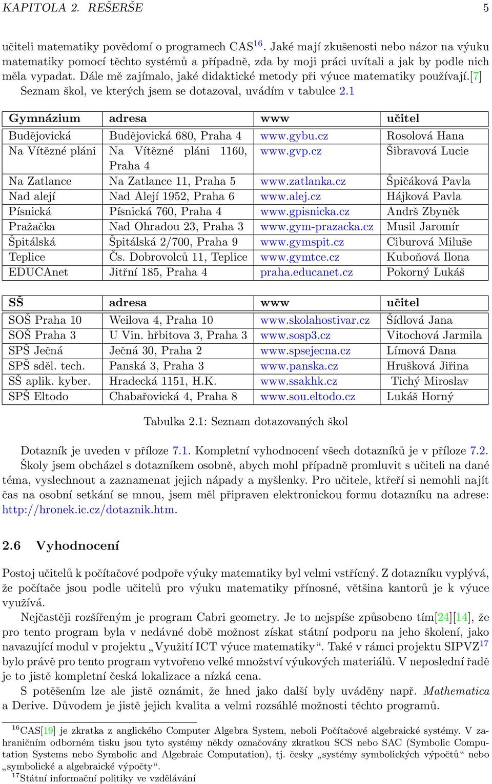 Dále mě zajímalo, jaké didaktické metody při výuce matematiky používají.[7] Seznam škol, ve kterých jsem se dotazoval, uvádím v tabulce 2.