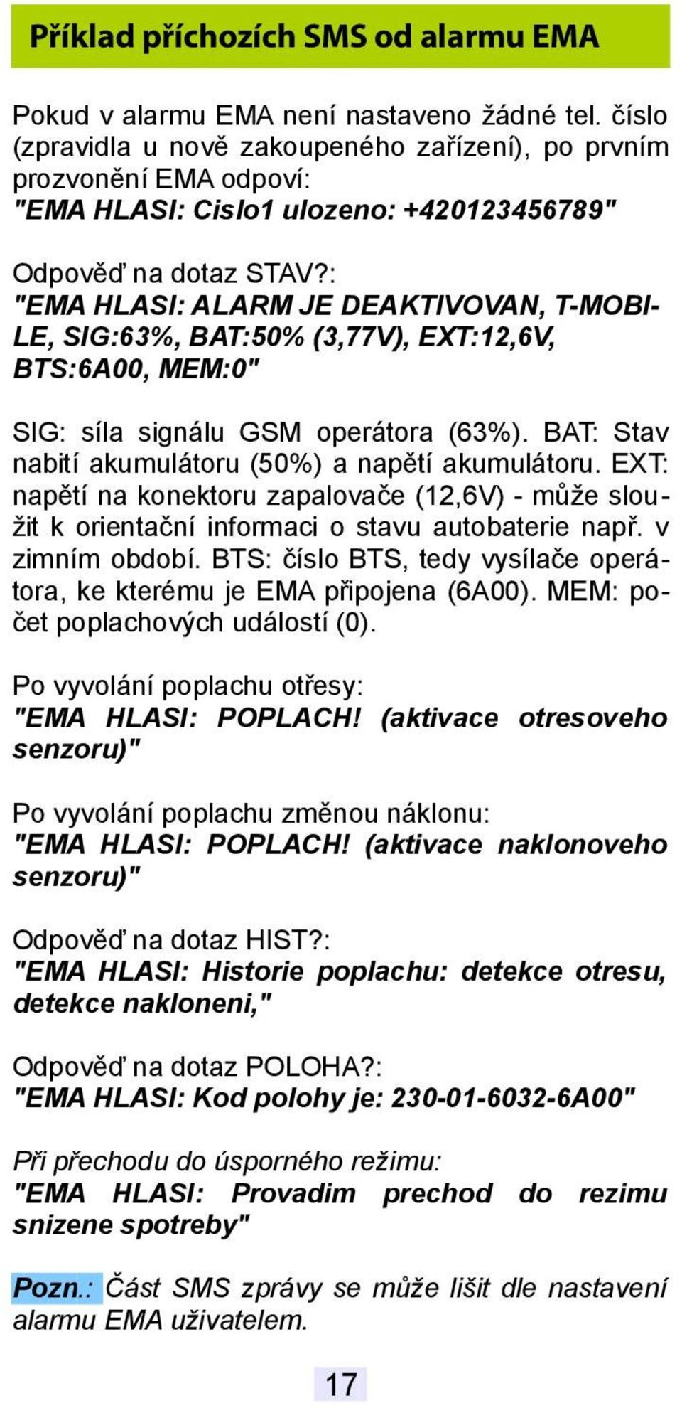 : "EMA HLASI: ALARM JE DEAKTIVOVAN, T-MOBILE, SIG:63%, BAT:50% (3,77V), EXT:12,6V, BTS:6A00, MEM:0" SIG: síla signálu GSM operátora (63%). BAT: Stav nabití akumulátoru (50%) a napětí akumulátoru.