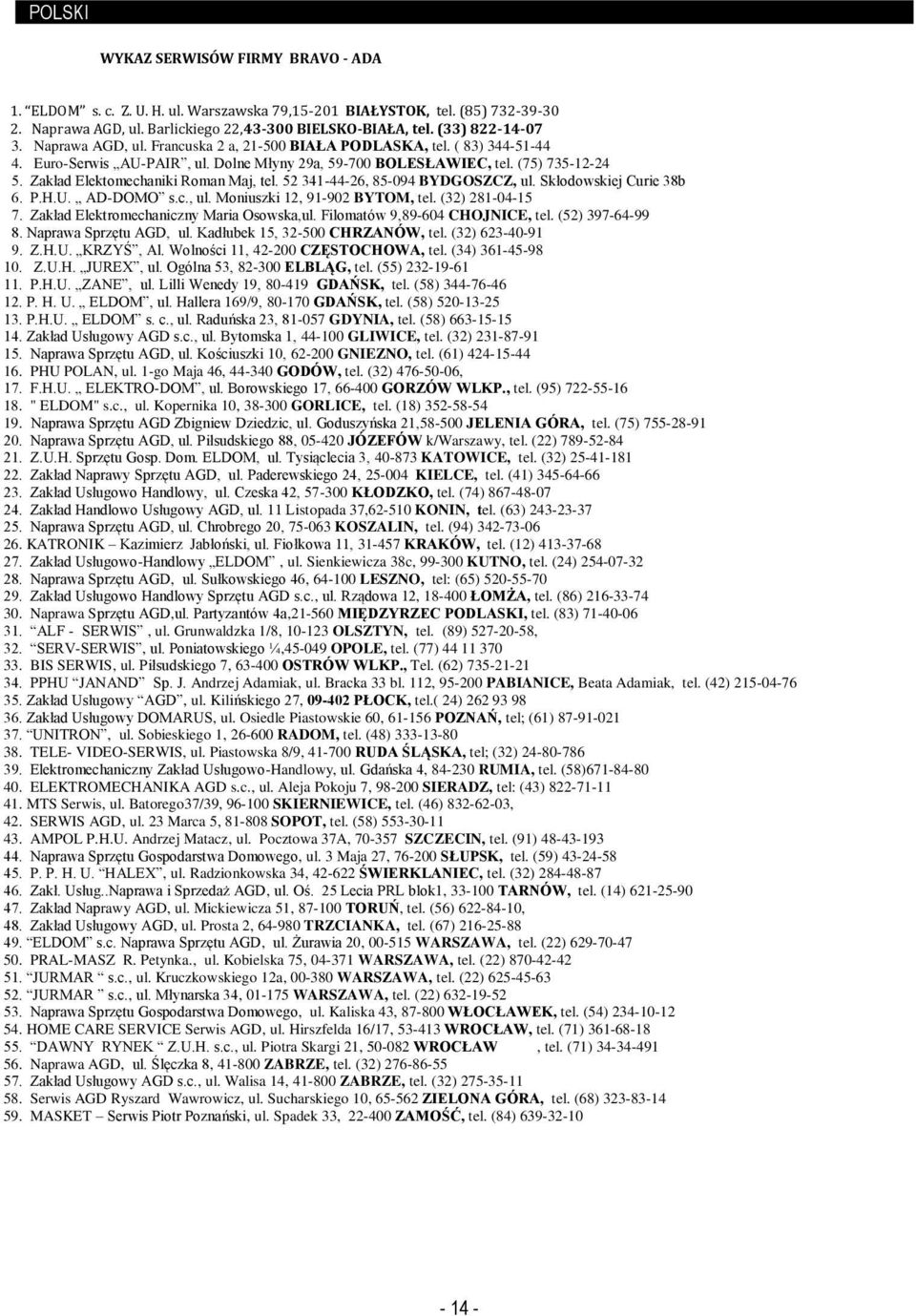 Dolne Młyny 29a, 59-700 BOLESŁAWIEC, tel. (75) 735-12-24 5. Zakład Elektomechaniki Roman Maj, tel. 52 341-44-26, 85-094 BYDGOSZCZ, ul. Skłodowskiej Curie 38b 6. P.H.U. AD-DOMO s.c., ul. Moniuszki 12, 91-902 BYTOM, tel.