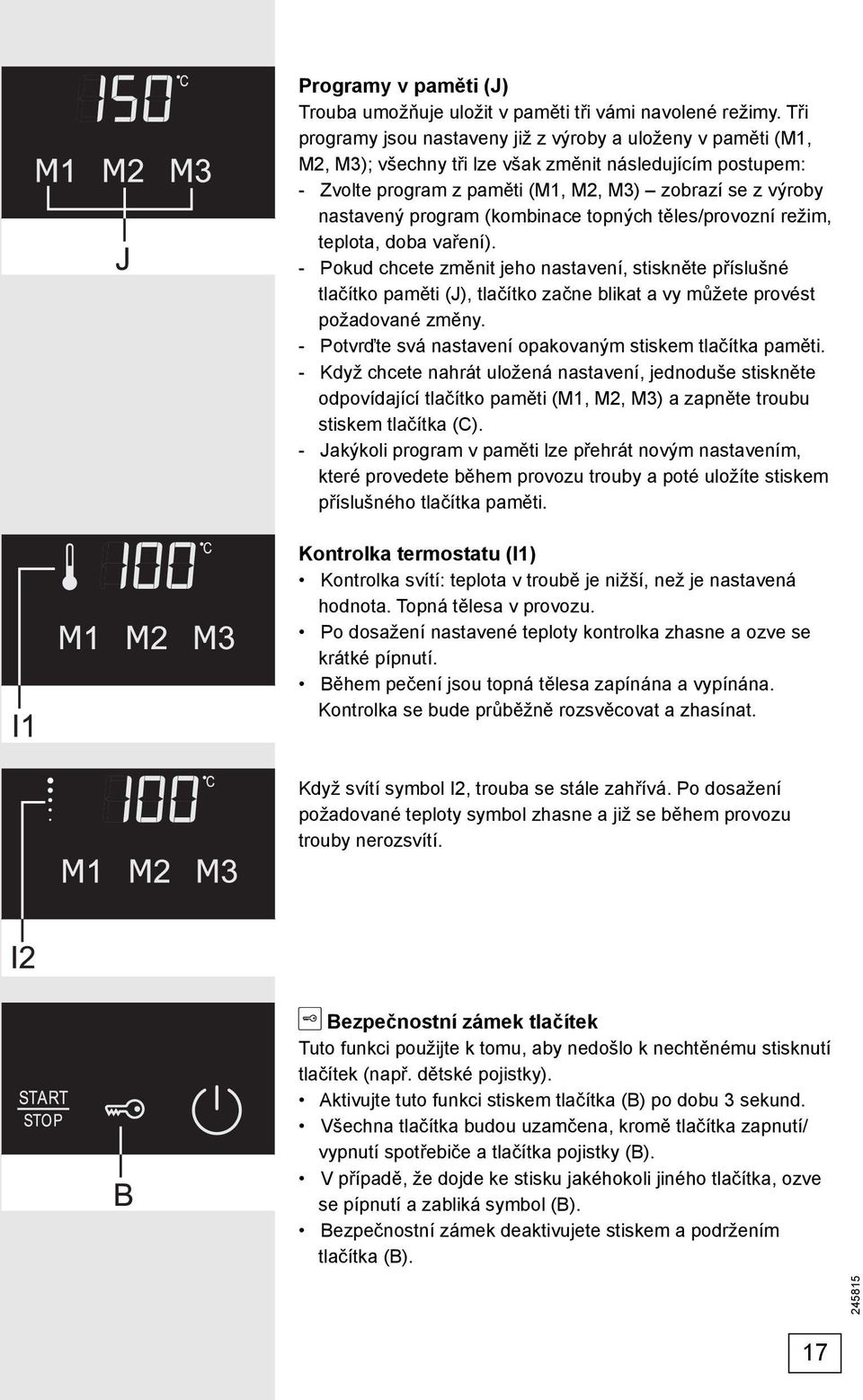 program (kombinace topných těles/provozní režim, teplota, doba vaření).