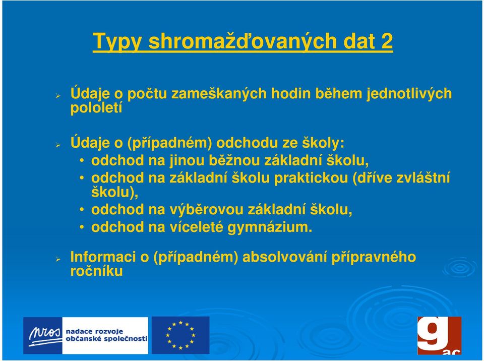 základní školu praktickou (dříve zvláštní školu), odchod na výběrovou základní školu,