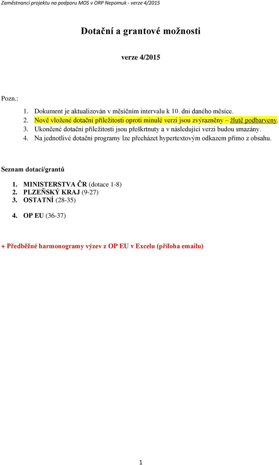 Ukončené dotační příležitosti jsou přeškrtnuty a v následující verzi budou smazány. 4.