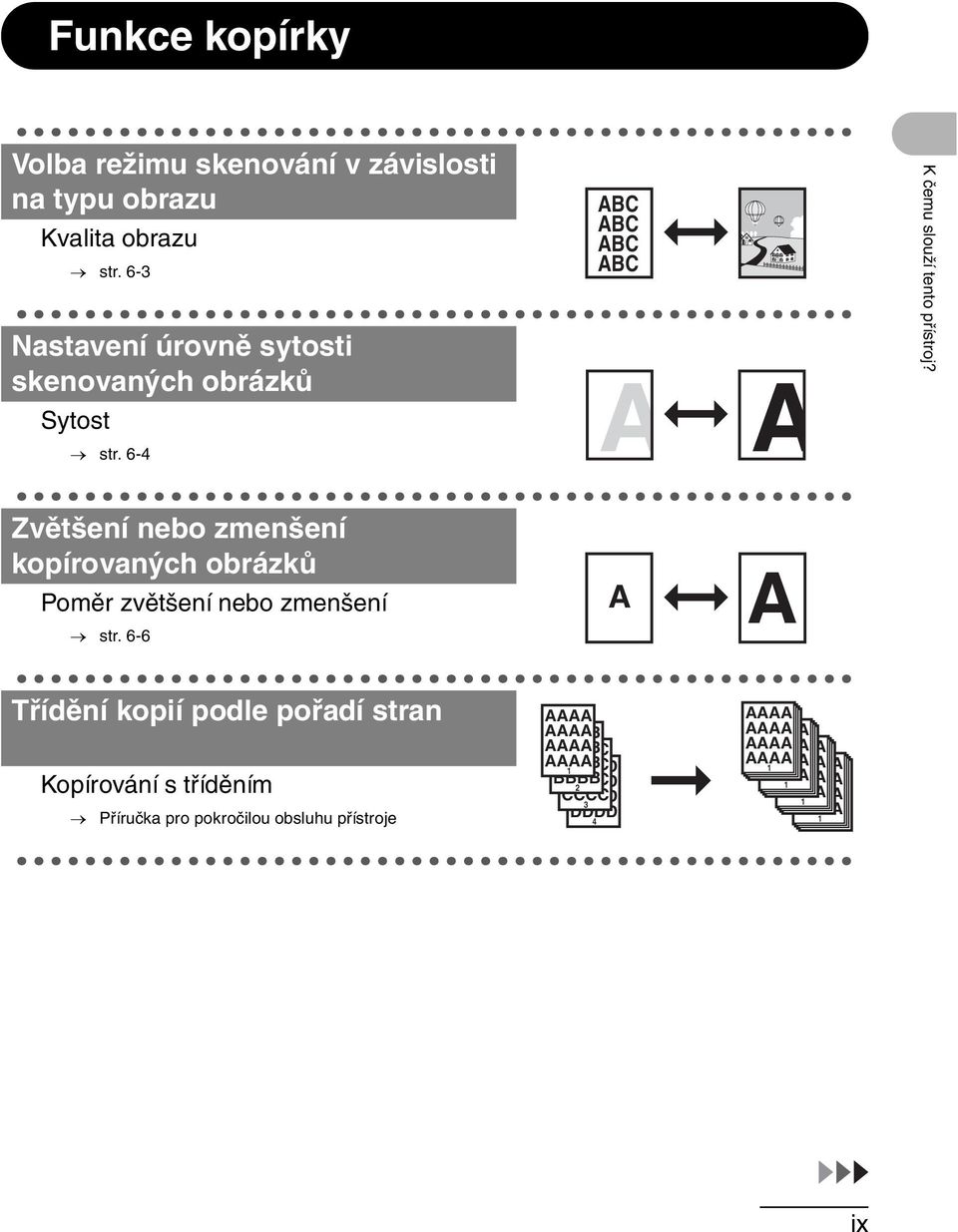 Zvětšení nebo zmenšení kopírovaných obrázků Poměr zvětšení nebo zmenšení str.