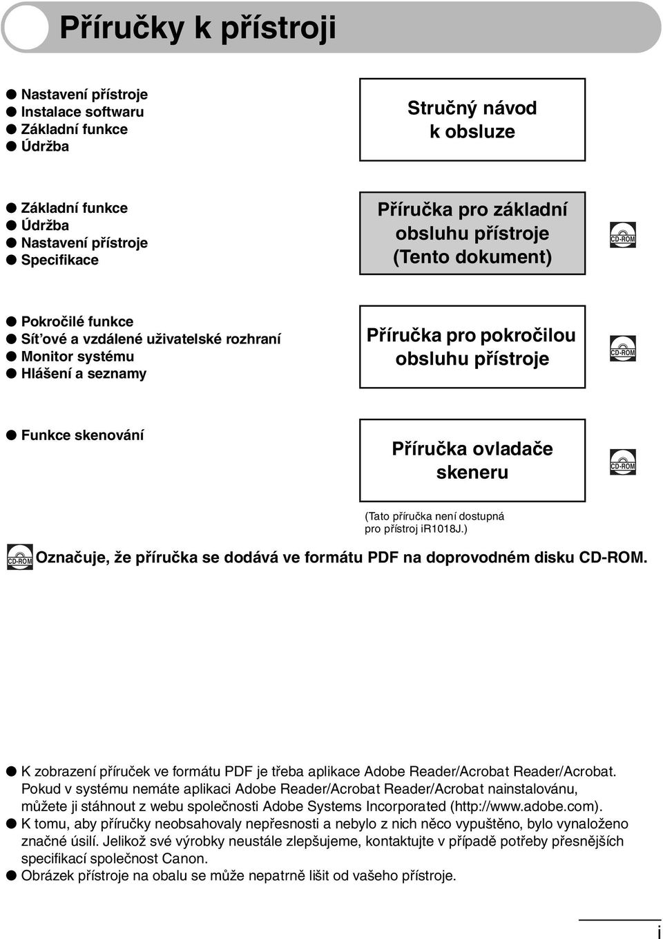 ovladače skeneru CD-ROM (Tato příručka není dostupná pro přístroj ir08j.) CD-ROM Označuje, že příručka se dodává ve formátu PDF na doprovodném disku CD-ROM.