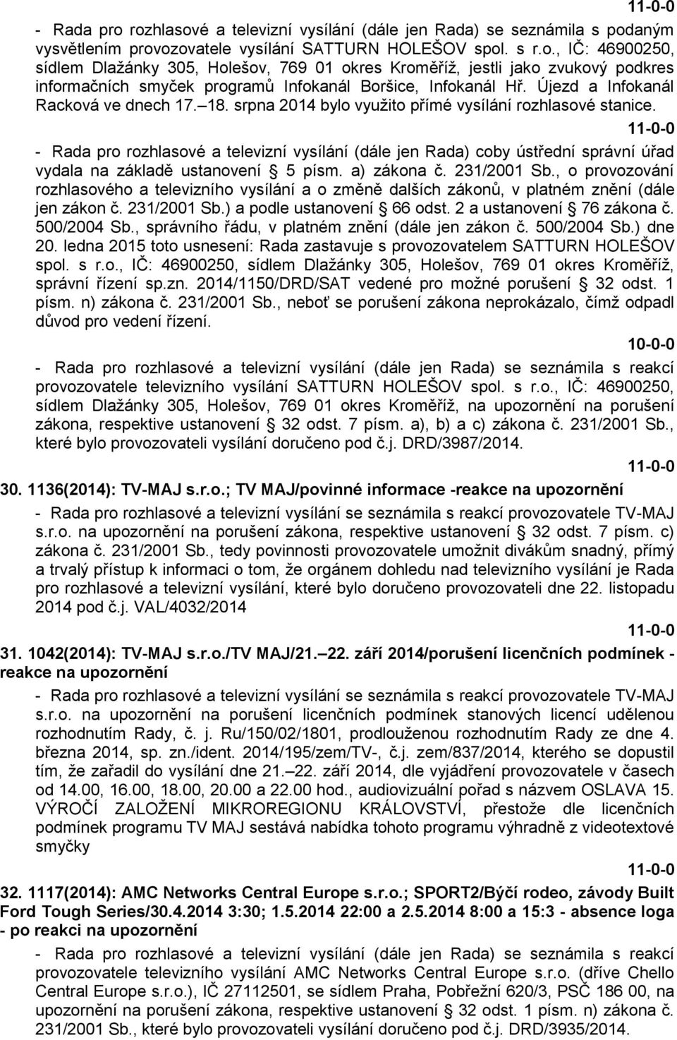 - Rada pro rozhlasové a televizní vysílání (dále jen Rada) coby ústřední správní úřad vydala na základě ustanovení 5 písm. a) zákona č. 231/2001 Sb.