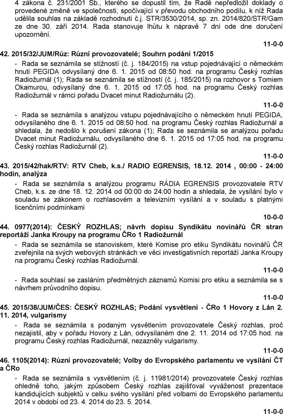 zn. 2014/820/STR/Gam ze dne 30. září 2014. Rada stanovuje lhůtu k nápravě 7 dní ode dne doručení upozornění. 42.